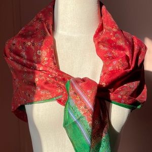 Handmade vintage recycled silk red&green scarf